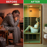 1 Person Extendable FAR Infrared Sauna for Home, Hemlock Wood Low EMF 6 Carbon Heaters Indoor Saunas with LED Lights, Bluetooth Speaker, Digital Control Panel, and Seating Bench — Before & After