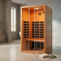 1 Person Extendable FAR Infrared Sauna for Home, Hemlock Wood Low EMF 6 Carbon Heaters Indoor Saunas with LED Lights, Bluetooth Speaker, Digital Control Panel, and Seating Bench — Studio Shot