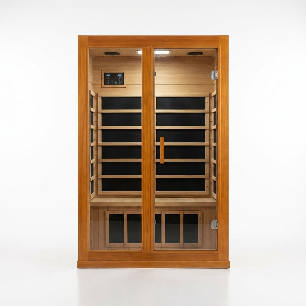 1 Person Extendable FAR Infrared Sauna for Home, Hemlock Wood Low EMF 6 Carbon Heaters Indoor Saunas with LED Lights, Bluetooth Speaker, Digital Control Panel, and Seating Bench — Studio Shot