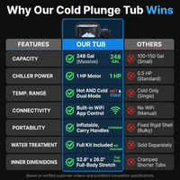 Cold Plunge Tub, 248 Gallon, 1 Horsepower, Heavy-Duty Ice Bath Tub for Athletes with Hot & Cold, Portable Inflatable Plunge Chiller with Water Treatment Kit, Immersion Therapy, Wifi (Black, 1 Set) — Comparison